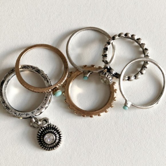 SPARKLING SAGE BURNISHED GOLD & SILVER RINGS STACKABLE TURQUOISE SET OF 6 - Picture 4 of 6